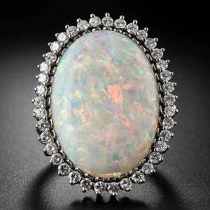 NEW HUGE OPAL DIAMOND HALO STERLING SILVER RING